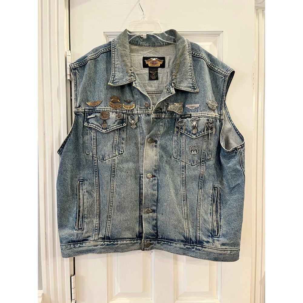 Vtg Harley Davidson Denim Vest 2003 100th Anniversary Pins Patches Y2K Men XL